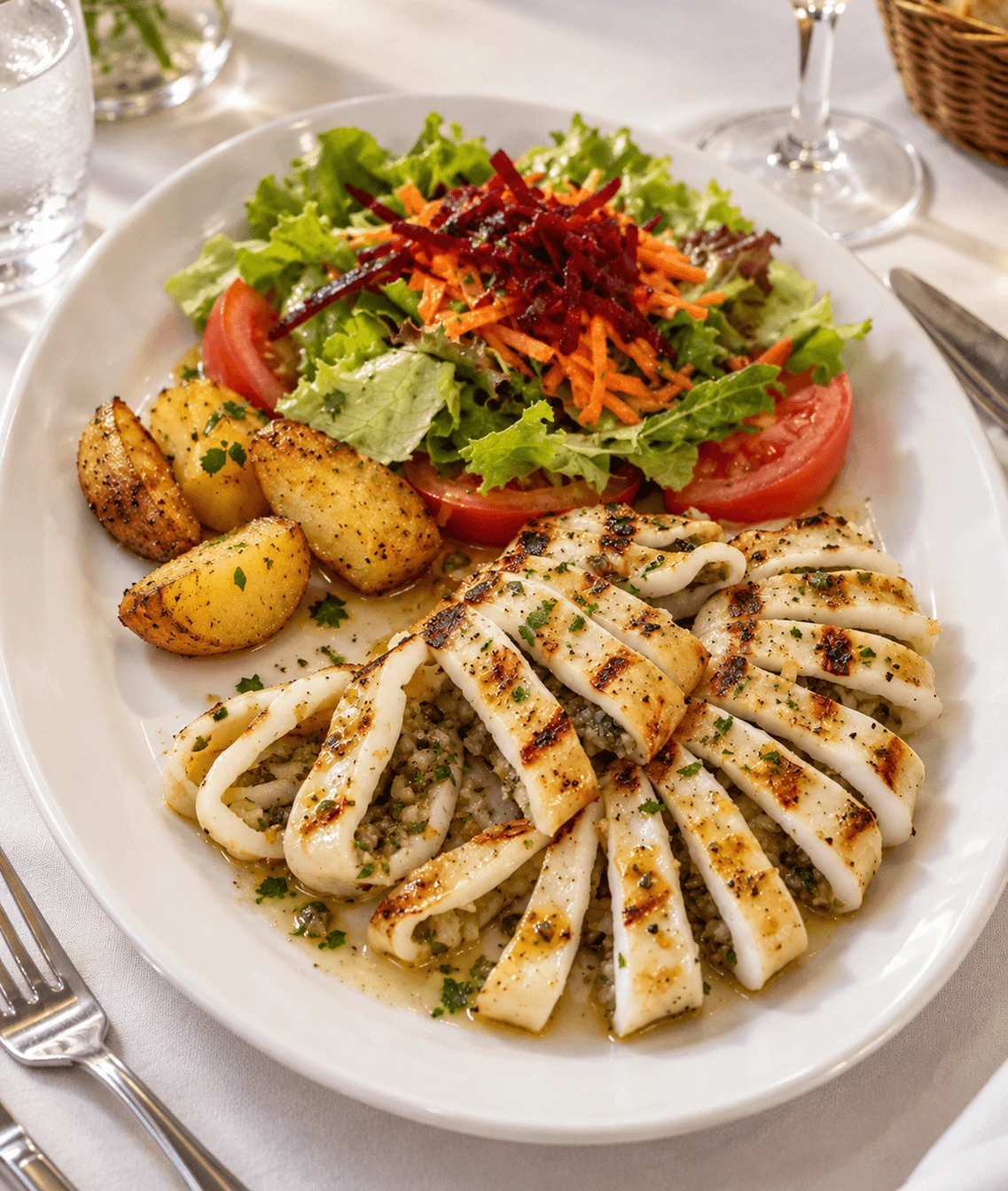 Calamar a la plancha con papas y ensalada
