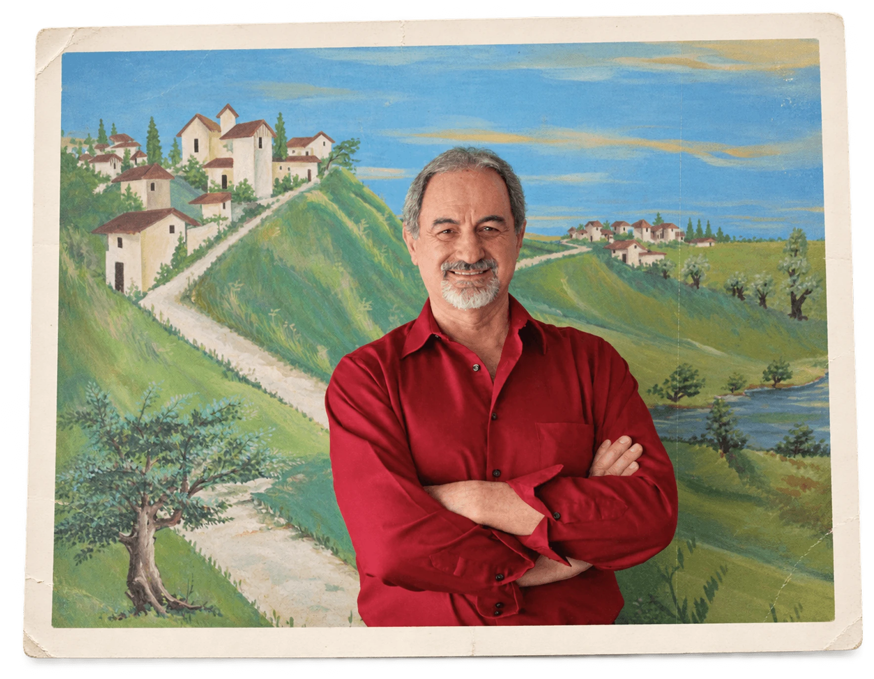 Retrato frente al mural del paisaje italiano
